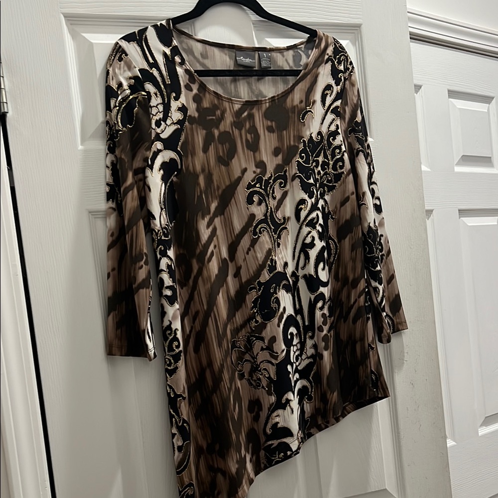 Travelers Chico's Asymmetrical Black and Brown Tunic